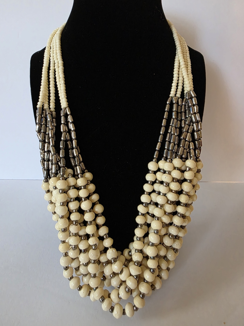 Boho Multi-Strand Cream  and Silver Beaded  Statement  Chunky Necklace.